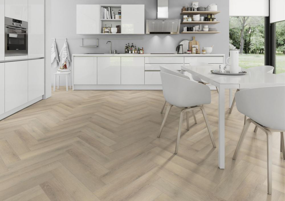 Seashell oak herringbone lignum core in kitchen