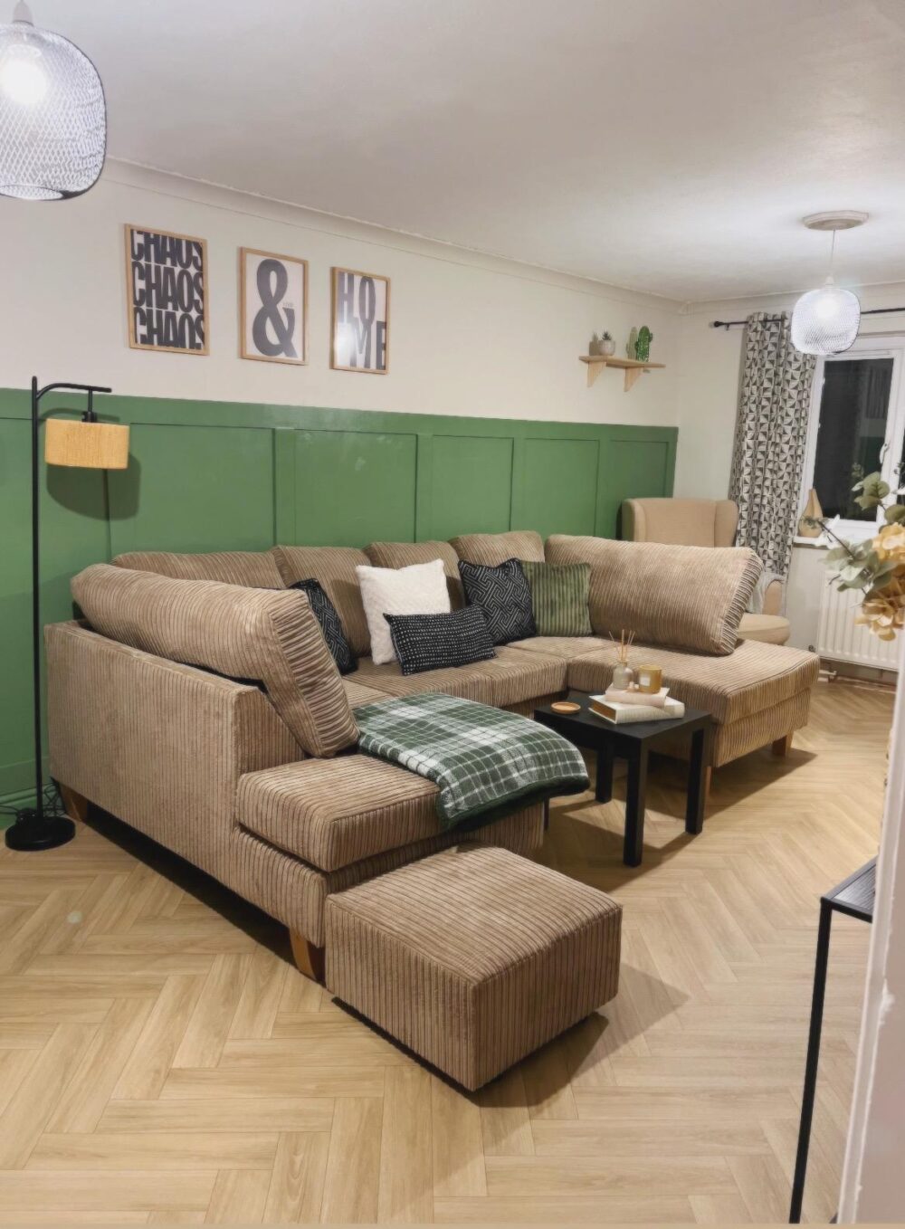 Traditional oak herringbone flooring down in living room