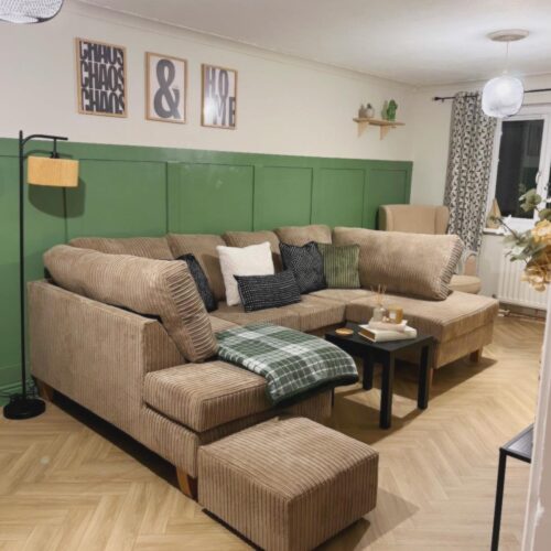 Traditional oak herringbone flooring down in living room