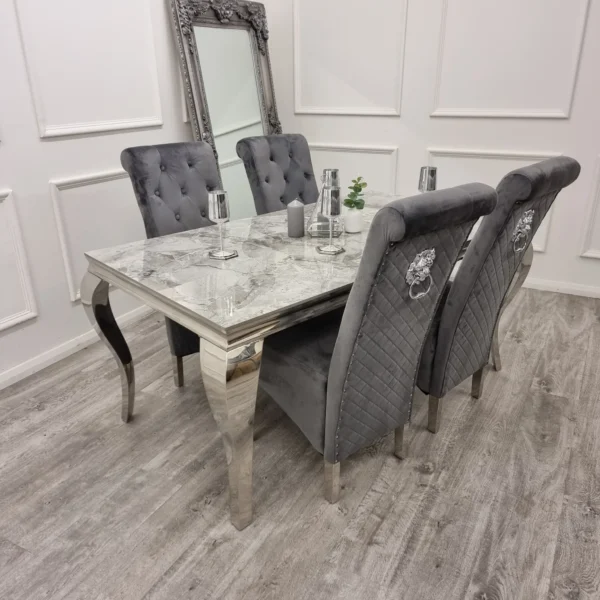 Louis Marble & Chrome Dining Table With Lucy Slim Quilted Lion Knocker Velvet Chairs - Image 16