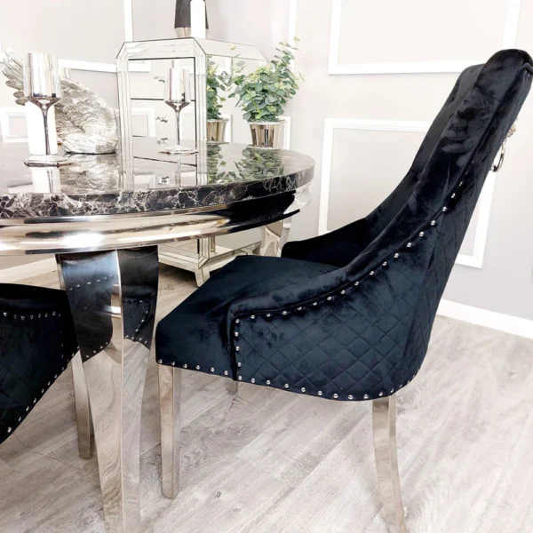 Bentley Black Velvet Dining Chair with Chrome Lion Knocker & Quilted Back - Image 3