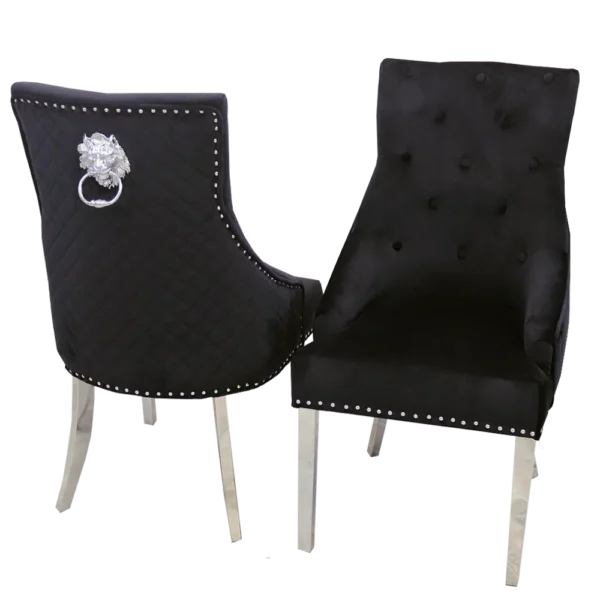 Bentley Black Velvet Dining Chair with Chrome Lion Knocker & Quilted Back - Image 4