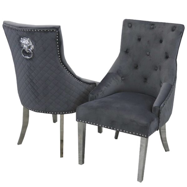 Bentley Dark Grey Velvet Dining Chair with Chrome Lion Knocker & Quilted Back