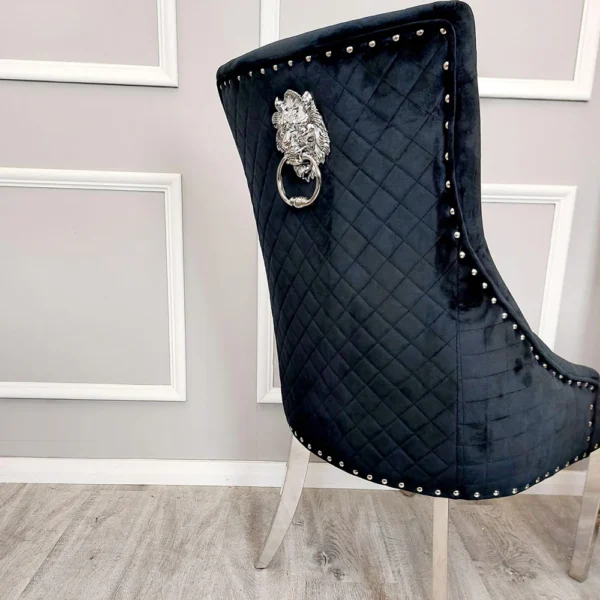 Bentley Black Velvet Dining Chair with Chrome Lion Knocker & Quilted Back - Image 2