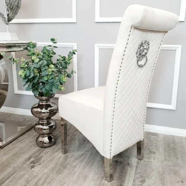 Louis Marble & Chrome Dining Table With Lucy Slim Quilted Lion Knocker Velvet Chairs - Image 2