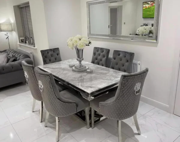 Arial Marble & Chrome Dining Table + Lion Knocker Velvet Chairs