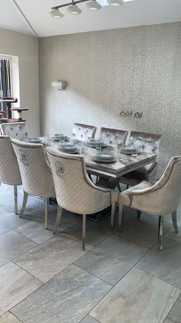 Arial Marble & Chrome Dining Table + Lion Knocker Velvet Chairs - Image 2