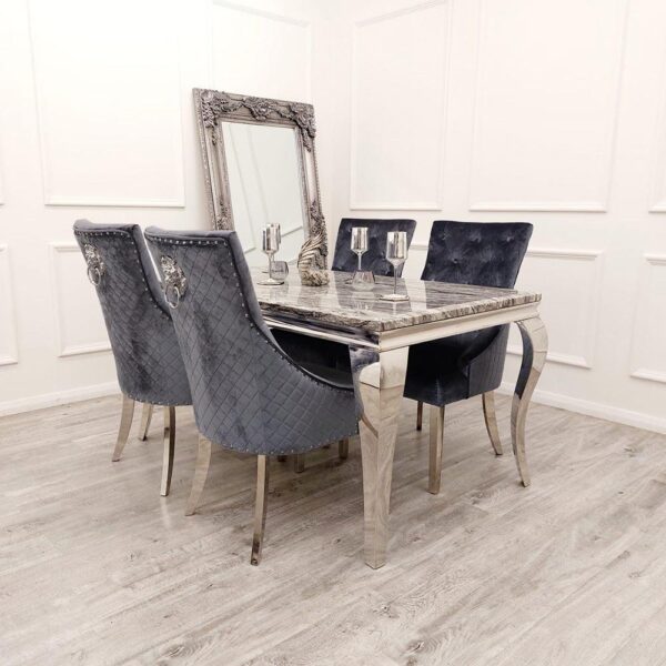 Louis 150cm Grey Marble Dining Table + Bentley Lion Knocker Grey Lion Plush Velvet Chairs