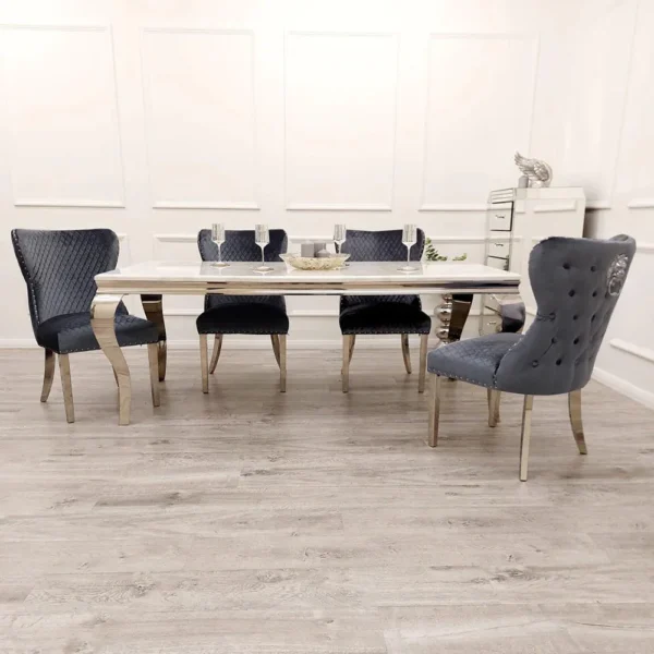 Louis 150cm Grey, Black Or White Marble Dining Table + 4 Chelsea Shimmer Grey Lion Knocker Plush Velvet Chairs