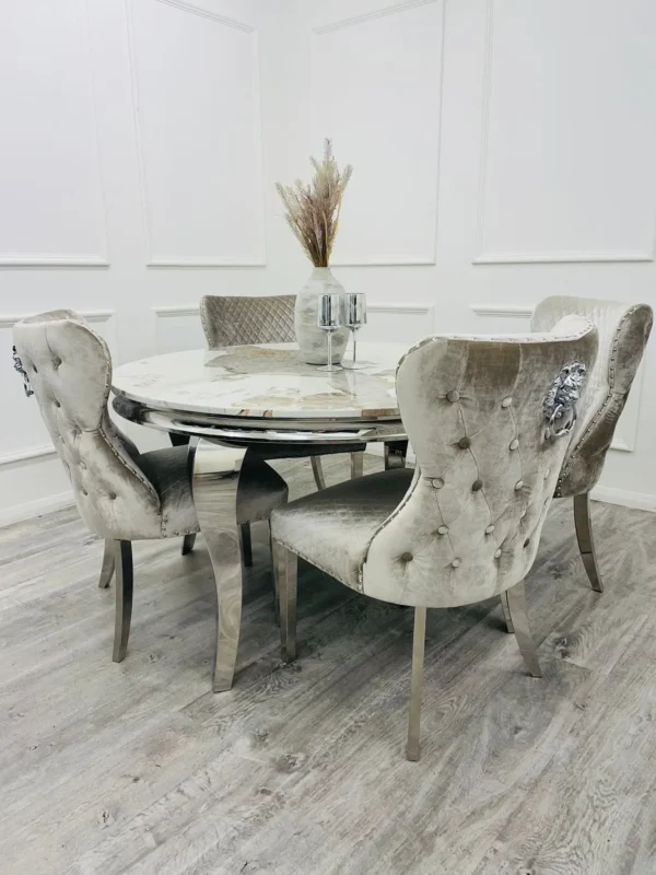 Louis 130cm Round Pandora Bronze Marble Chrome Dining Table And Valente Shimmer Lion Dining Chairs - Image 6