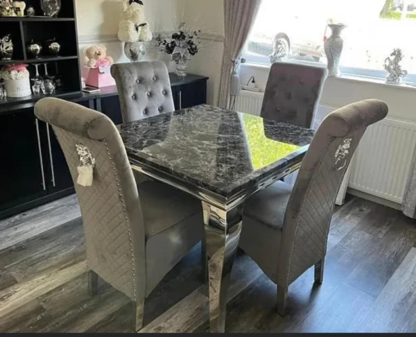 Louis 100CM Marble & Chrome Dining Table With Lucy Slim Quilted Lion Knocker Velvet Chairs