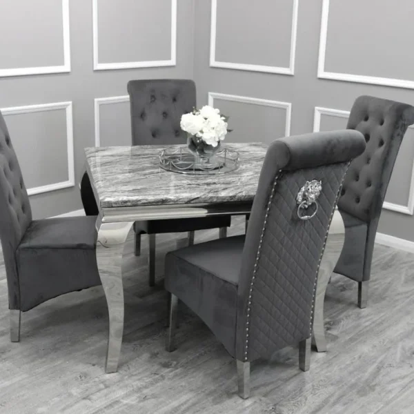 Louis 100cm Square White Marble Dining Table + Lucy Grey Lion Slim Knocker Plush Velvet Chairs