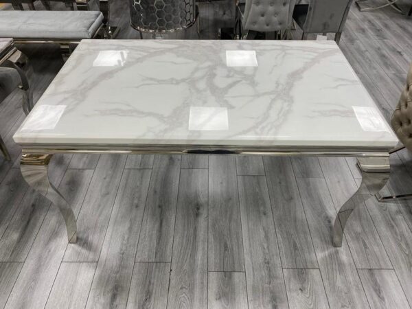 Louis 100cm Square White Marble Dining Table + Lucy Grey Lion Slim Knocker Plush Velvet Chairs - Image 3