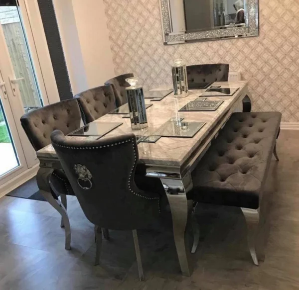 Louis 120cm Grey Marble Dining Table + 4 Grey Lion Knocker Chairs + 110cm Bench