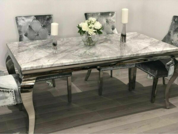 Louis 120cm Grey Marble Dining Table + 4 Grey Lion Knocker Chairs + 110cm Bench - Image 2