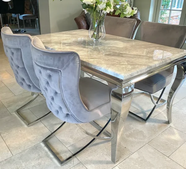 Louis 120cm Grey Marble Dining Table + Belgravia Grey Plush Velvet Button Dining Chairs