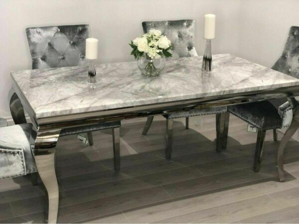 Louis 120cm Grey Marble Dining Table + Belgravia Grey Plush Velvet Button Dining Chairs - Image 2