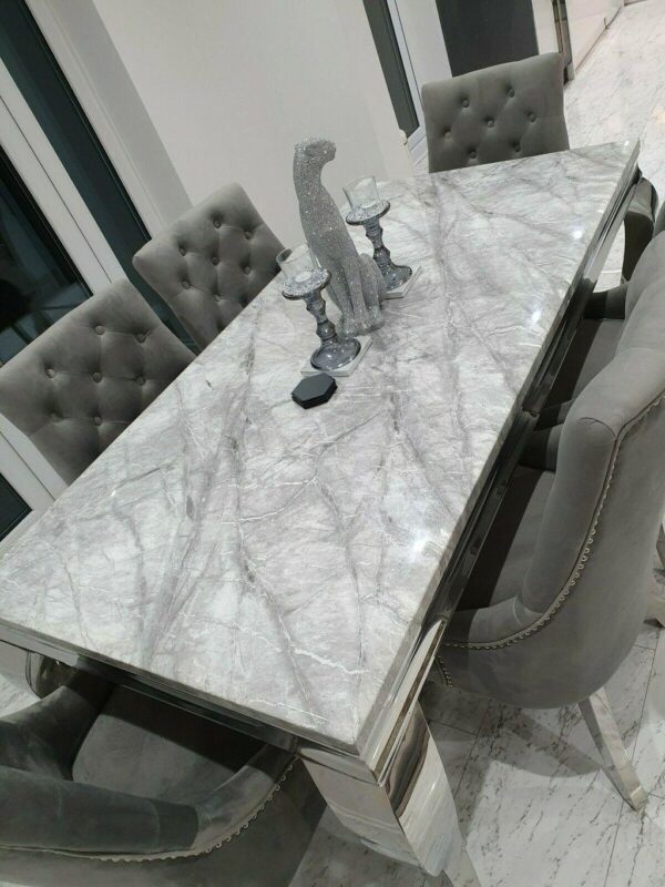 Louis 120cm Grey Marble Dining Table + Belgravia Grey Plush Velvet Button Dining Chairs - Image 3