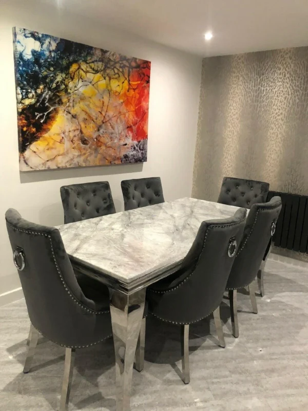 Louis 120cm Grey Marble Dining Table + Knightsbridge Dark Grey Knocker Plush Velvet Chairs - Image 2