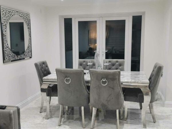 Louis 120cm Grey Marble Dining Table + Knightsbridge Dark Grey Knocker Plush Velvet Chairs - Image 3