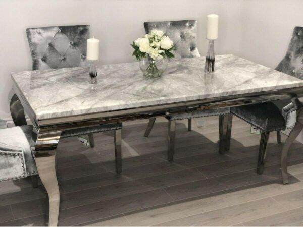 Louis 120cm Grey Marble Dining Table + Knightsbridge Dark Grey Knocker Plush Velvet Chairs