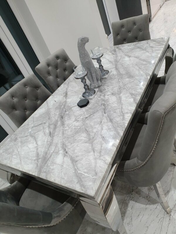 Louis 120cm Grey Marble Dining Table + Knightsbridge Dark Grey Knocker Plush Velvet Chairs - Image 4