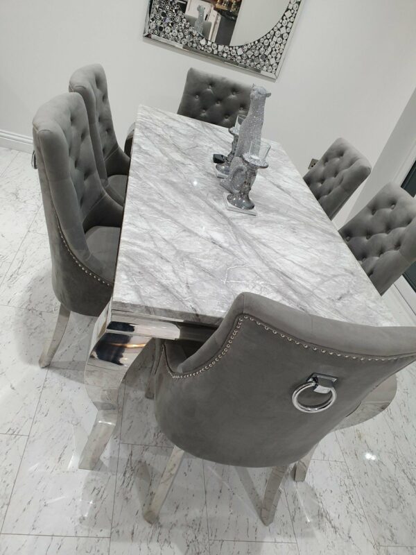 Louis 120cm Grey Marble Dining Table + Knightsbridge Dark Grey Knocker Plush Velvet Chairs - Image 5