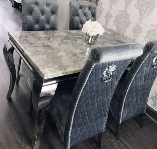 Louis 120cm Grey Marble Dining Table + Lucy Grey Lion Slim Knocker Plush Velvet Chairs