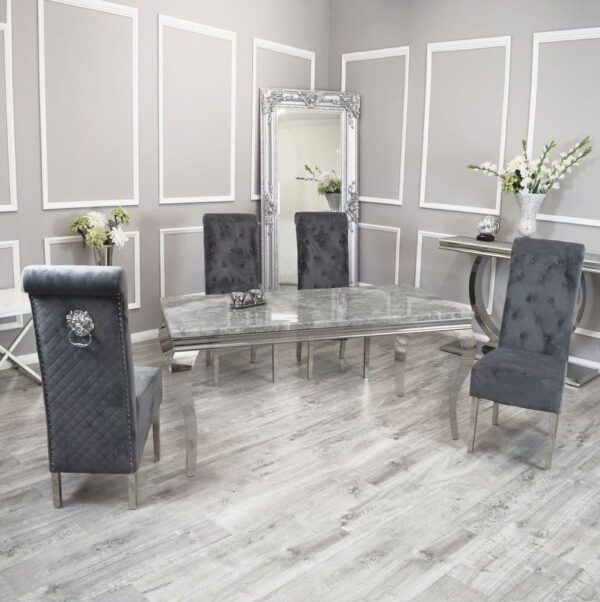 Louis 120cm Grey Marble Dining Table + Lucy Grey Lion Slim Knocker Plush Velvet Chairs - Image 2