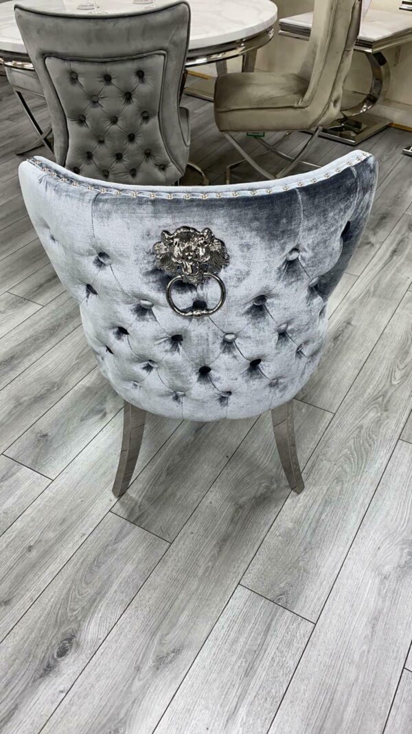 Louis 130cm Grey Marble Round Dining Table + Valente Grey Lion Button Chairs - Image 4