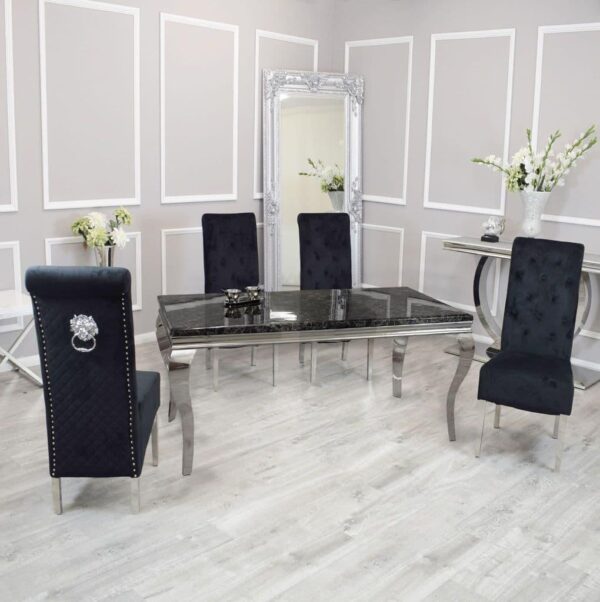 Louis 150cm Black Marble Dining Table + Lucy Black Lion Knocker Plush Velvet Chairs