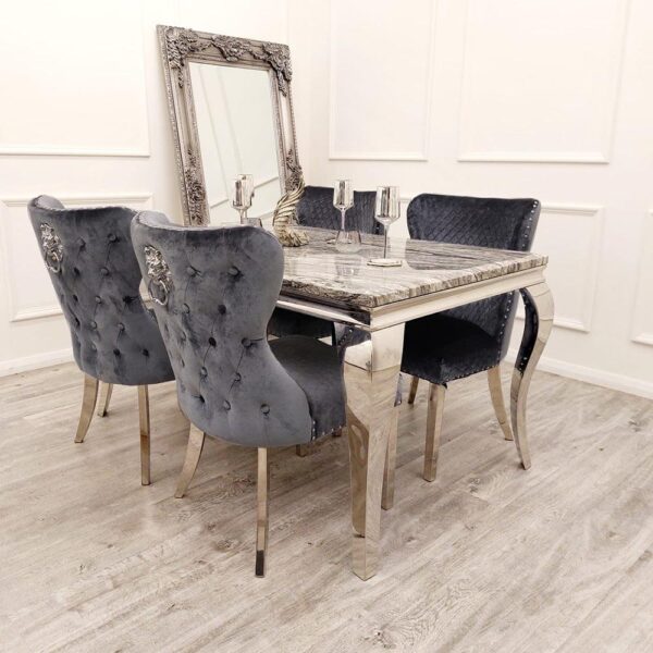 Louis 150cm Grey Marble Dining Table + Chelsea Grey Button Lion Knocker Plush Velvet Chairs