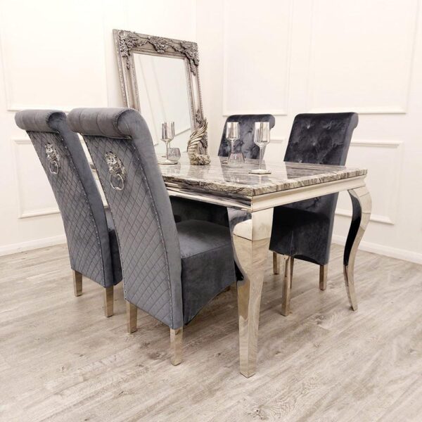 Louis 150cm Grey Marble Dining Table + Lucy Grey Lion Slim Knocker Plush Velvet Chairs - Image 2