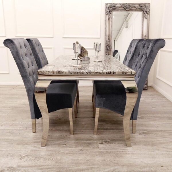 Louis 150cm Grey Marble Dining Table + Lucy Grey Lion Slim Knocker Plush Velvet Chairs