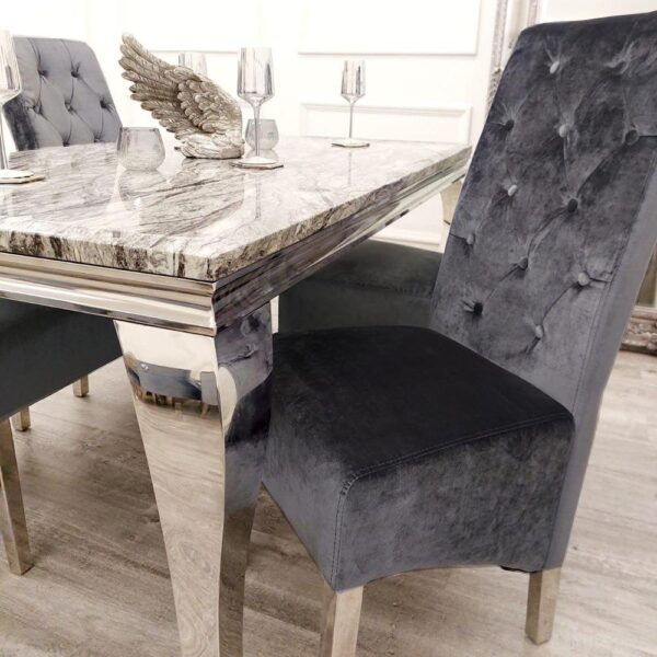 Louis 150cm Grey Marble Dining Table + Lucy Grey Lion Slim Knocker Plush Velvet Chairs - Image 3