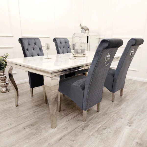 Louis 150cm Grey Marble Dining Table + Lucy Grey Lion Slim Knocker Plush Velvet Chairs - Image 5