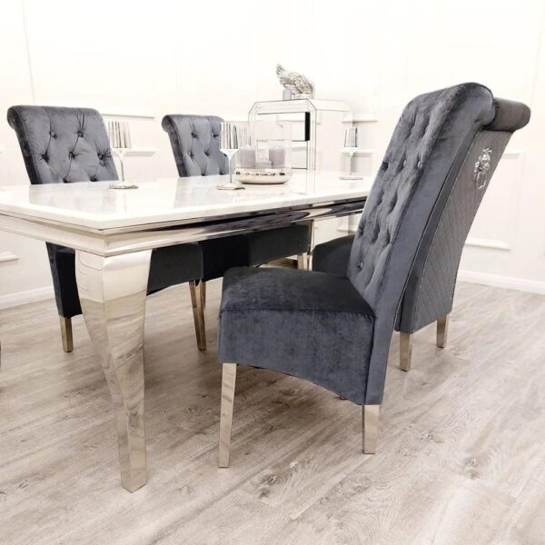 Louis 150cm Grey Marble Dining Table + Lucy Grey Lion Slim Knocker Plush Velvet Chairs - Image 6