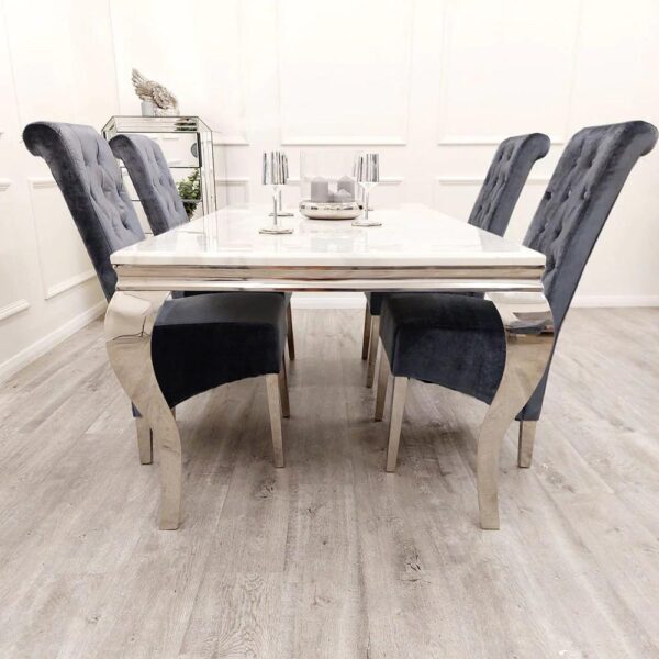 Louis 150cm Grey Marble Dining Table + Lucy Grey Lion Slim Knocker Plush Velvet Chairs - Image 7