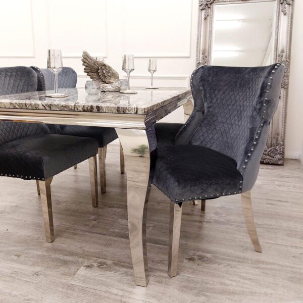 Louis 150cm Grey Marble Dining Table + Chelsea Grey Button Lion Knocker Plush Velvet Chairs - Image 2