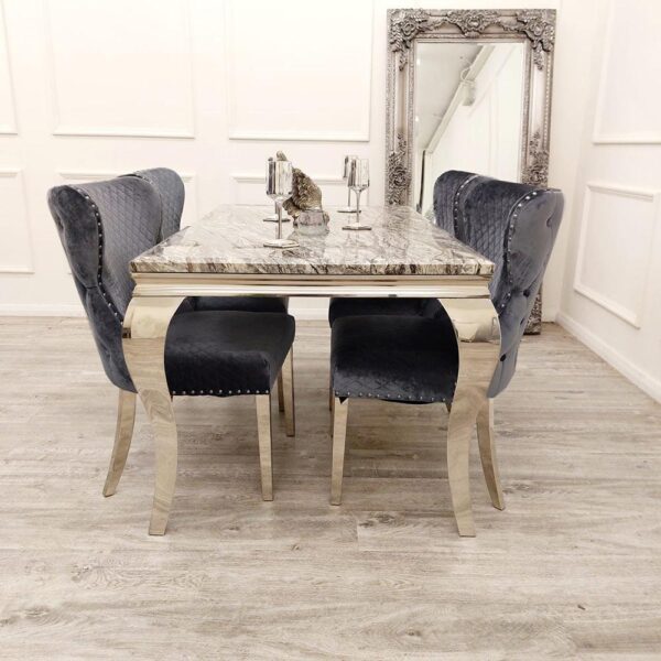 Louis 150cm Grey Marble Dining Table + Chelsea Grey Button Lion Knocker Plush Velvet Chairs - Image 4