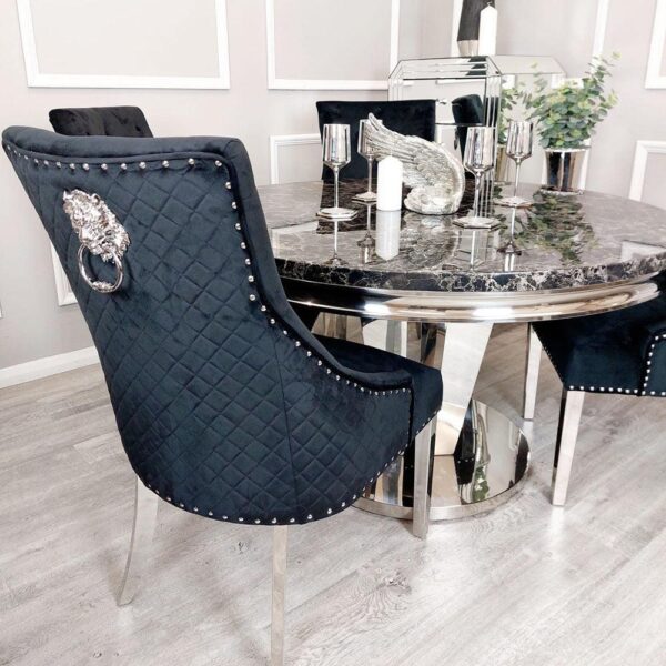 Louis Black Marble 130cm Round Dining Table + Black Lion Knocker Plush Velvet Chairs - Image 5