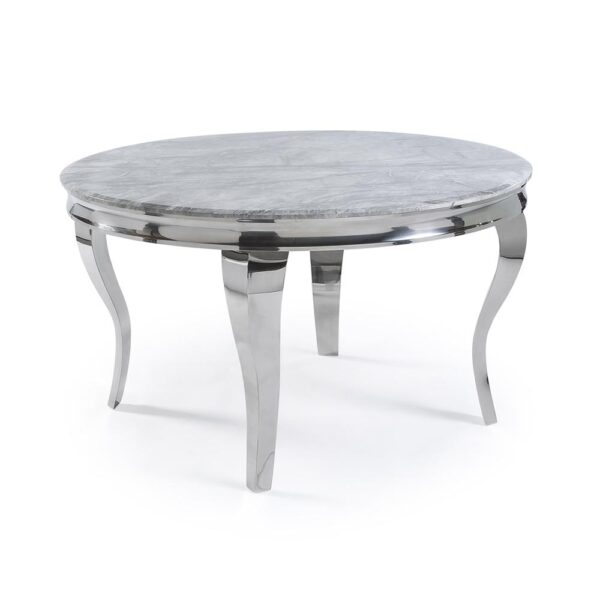 Louis 110cm Grey Marble Round Dining Table + Valente Grey Lion Button Chairs