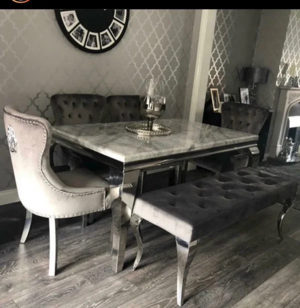 Louis Grey Marble 150CM Dining Table + Grey Lion Chairs, Bench Option - Image 3