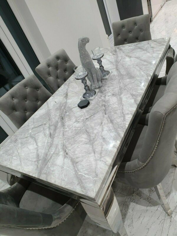 Louis Grey Marble 150CM Dining Table + Grey Lion Chairs, Bench Option - Image 4