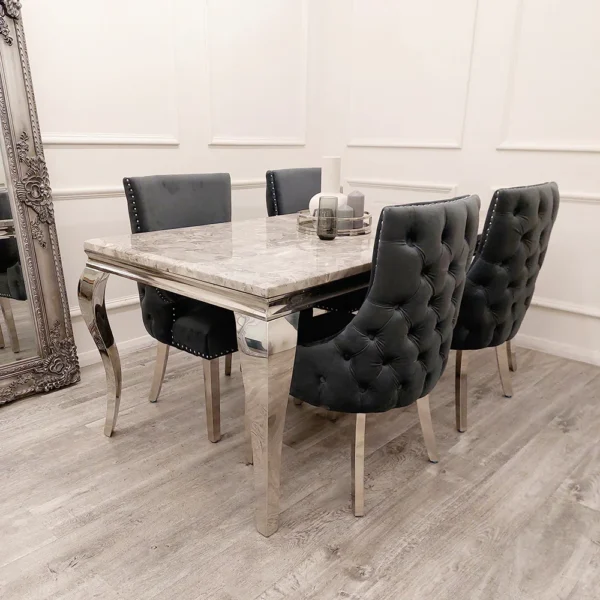 Louis Grey Marble Dining Table + Kensington Grey Button Back Velvet Dining Chairs - Image 2