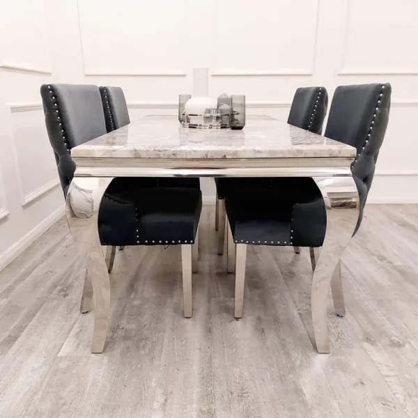 Louis Grey Marble Dining Table + Kensington Grey Button Back Velvet Dining Chairs - Image 3