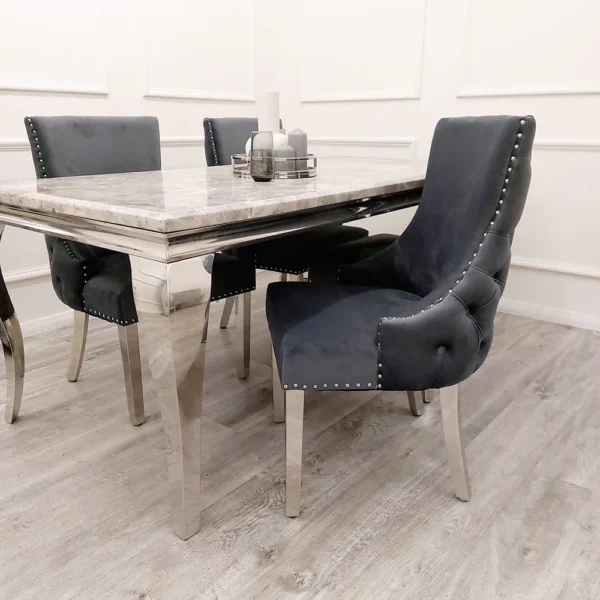 Louis Grey Marble Dining Table + Kensington Grey Button Back Velvet Dining Chairs - Image 4