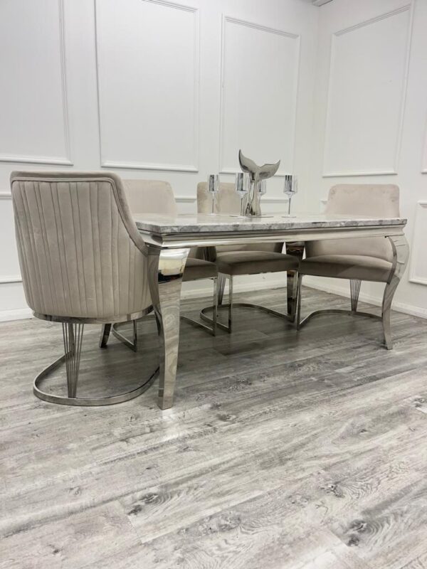 Louis Marble & Chrome Dining Table With Carlton Beige/Chrome Velvet Chairs - Image 3