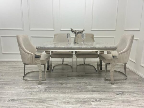 Louis Marble & Chrome Dining Table With Carlton Beige/Chrome Velvet Chairs