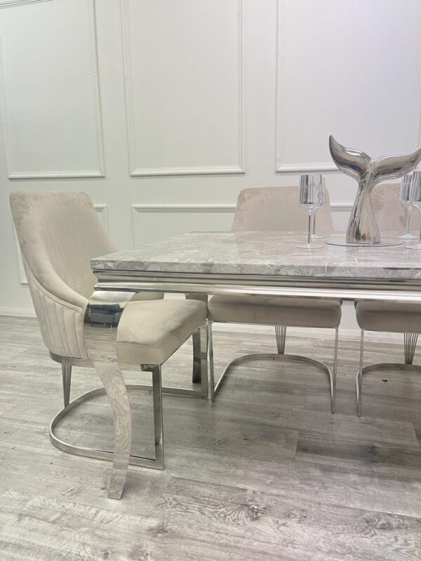 Louis Marble & Chrome Dining Table With Carlton Beige/Chrome Velvet Chairs - Image 6